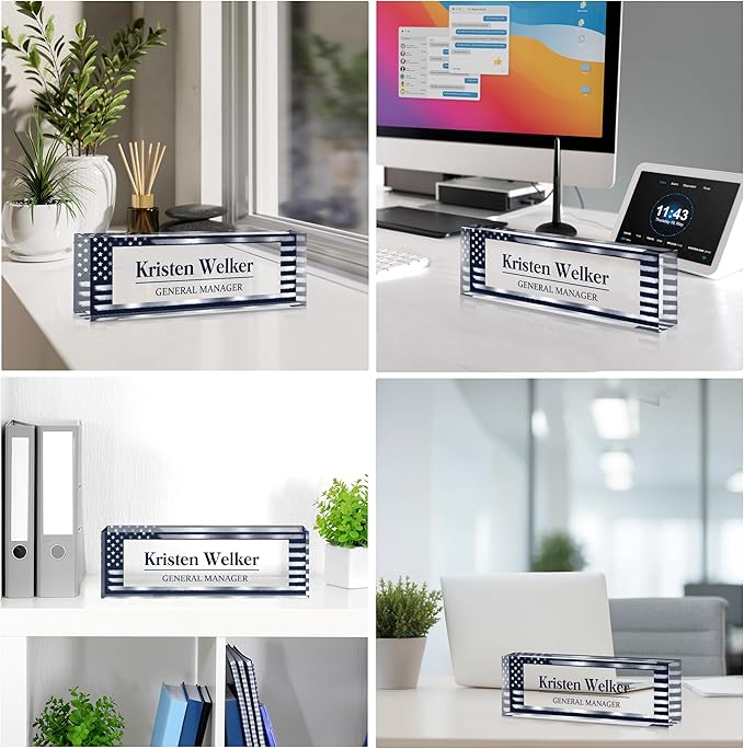 Custom Name Plate for Desk, Personalized Desk Name Plate on Clear Acrylic Glass, Appreciation Gifts for Teacher Employee Boss Coworkers Nurse, Office Desk Accessories for Women Men (Navy Blue)