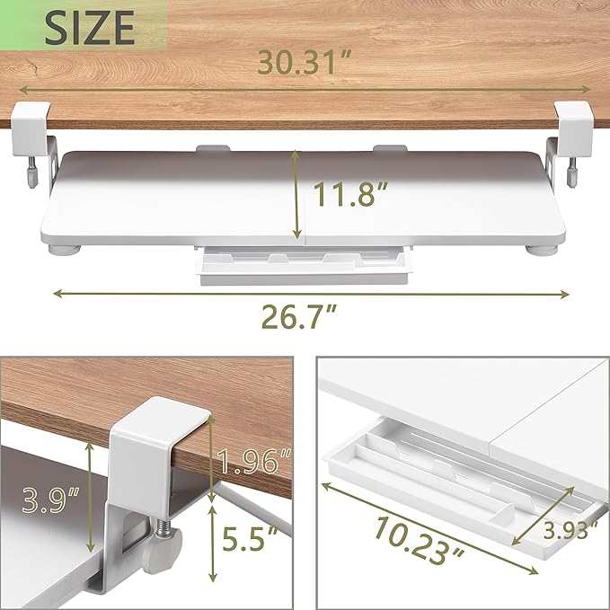 ETHU Keyboard Tray Under Desk, 26.77" X 11.81" Large Size Keyboard Tray with C Clamp-on Mount Easy to Install, Computer Keyboard Stand, Ergonomic Keyboard Tray for Home and Office(White)