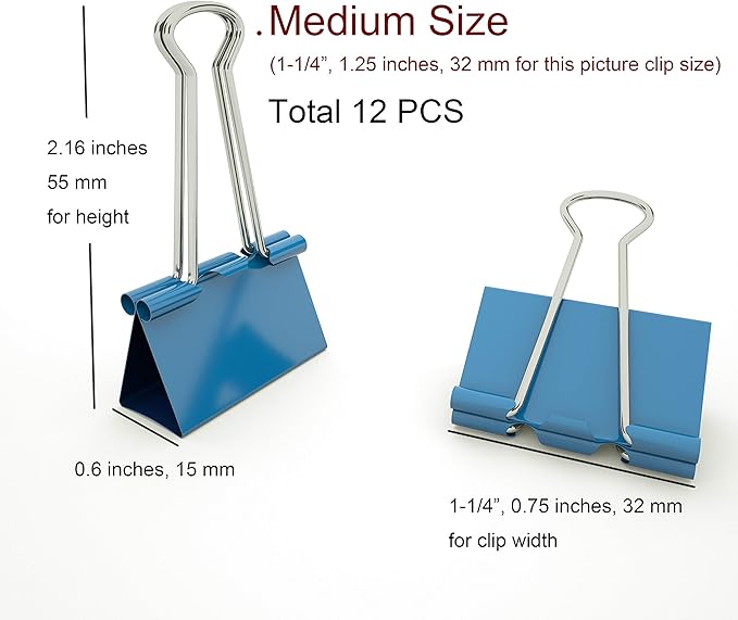 Nctinystore Binder Clips Medium Metal Clamp 1.25 inch / 32 mm (Blue, 12-PCS)