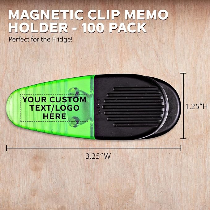 100 Magnetic Memo Holders Set - Customizable Text, Logo - Large Clip, Plastic - TGreen