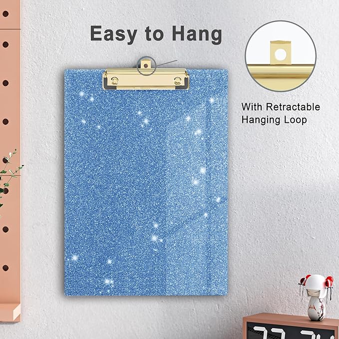 Glitter Acrylic Clipboard Decorative Standard A4 Letter Size 12.2" x 8.7", Fashion Bling Clip Boards with Designed Low Profile Gold Clip for Classroom Office - Light Blue