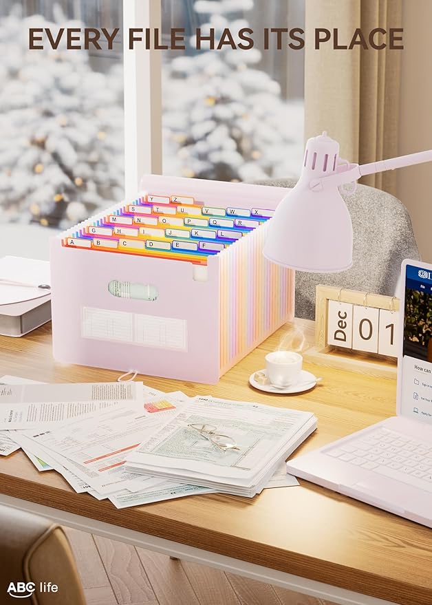 ABC life 26 Pockets Accordion File Organizer, Expanding File Folder, Portable Monthly Paper Bill Tax Receipt Organizer, Letter A4 Size Document Organizer with Blank Labels - Pinkish Purple