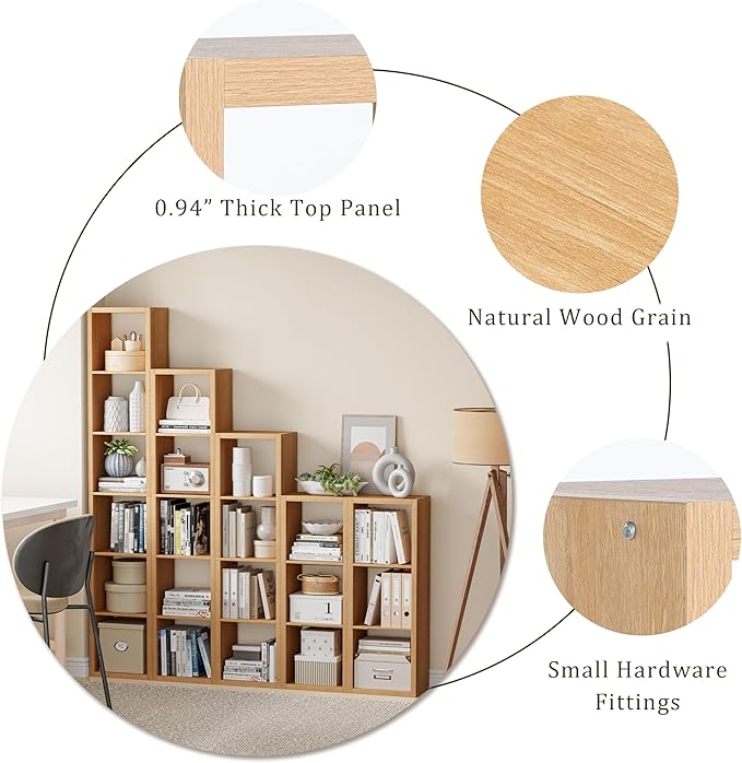 Cube Storage Organizer Bookcase, Decorative 11 inch Open Back Cubical Shelf with Thickened Border, Display Bookshelf for Living Room, Home Office, Sturdy Room (Natural Oak, 8 Cube)