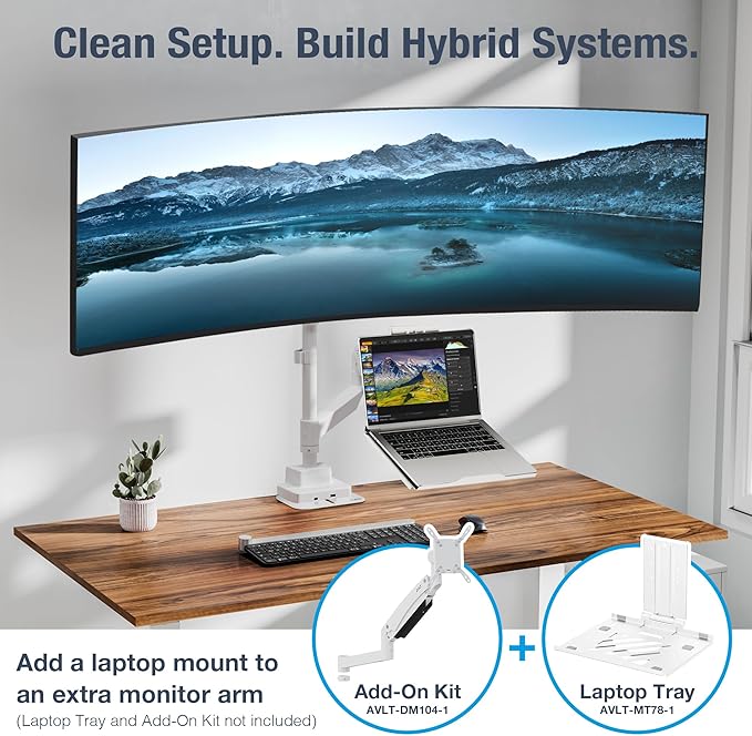 AVLT Single 57 Inch Heavy Duty Monitor Arm Pole Top Mount with USB-C USB-A Ports-White, Height Adjustable, Easy Install Top C-Clamp/Grommet with Reinforcement Plates, VESA Compatible 200/100/75