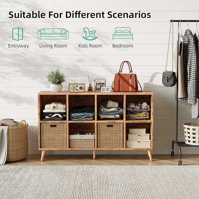 8-Cube Bookshelf 2 Tier Retro Bookcase with Legs, 11in Shelf Opening, 47" Wood Bookshelves Storage Organizer Shelf, Freestanding Open Book Shelves for Bedroom Living Room Office, Rustic Brown