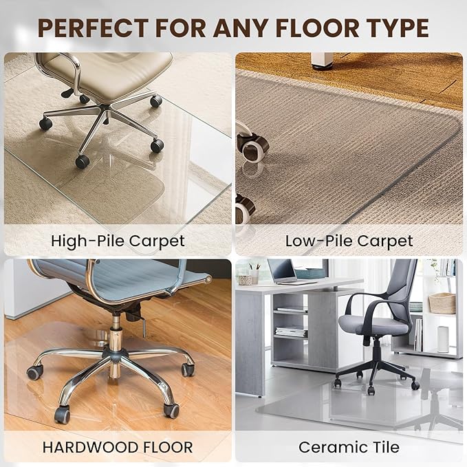 VASUHOME Heavy-Duty Tempered Glass Chair Mat, 31 x 48 Inch Large Office Floor Mat for Carpet or Hardwood Floors, 1/5" Thick with 12 Anti-Slip Pads
