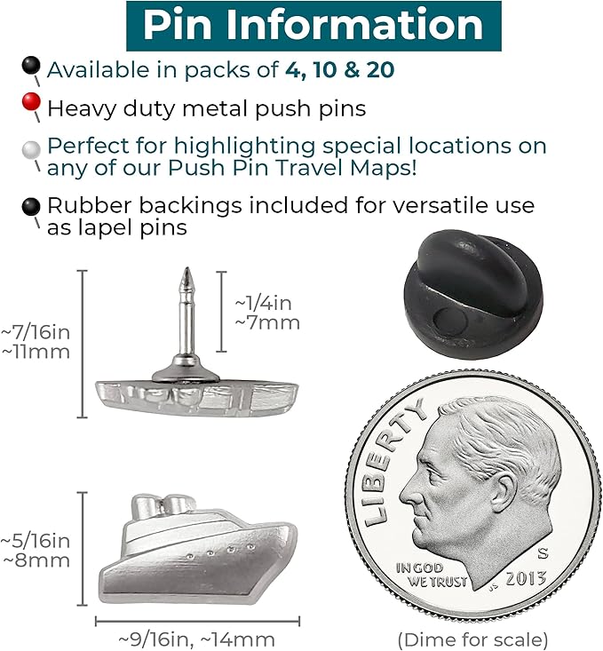 Cruise Ship Push Pins - Silver Metal Cruise Ship Pins - for Cork Board, Maps, or Lapel Pin Use - Designed in USA - Set of 4