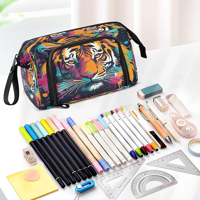 Tigers Colorful Pencil Case Pouch Big Capacity Pencil Bag Box Organizer Pen Case with Handle Stationery Organizer for Girls Boys Adults Women School Office