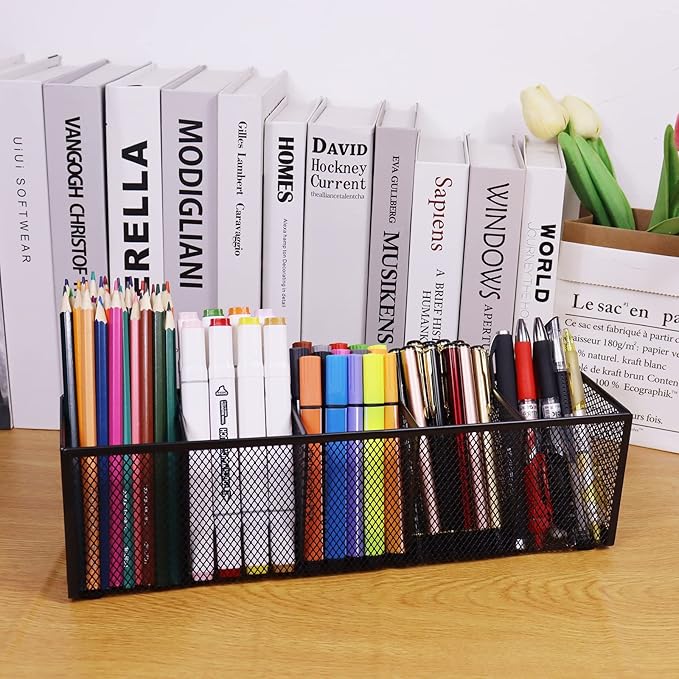 Black Mesh Pen Pencil Holder, Small Metal Desk Organizer Desktop Stationery Office Supplies Acessories Storage Stand, 5 Compartments Brushes Holder for Home School Classroom Teachers