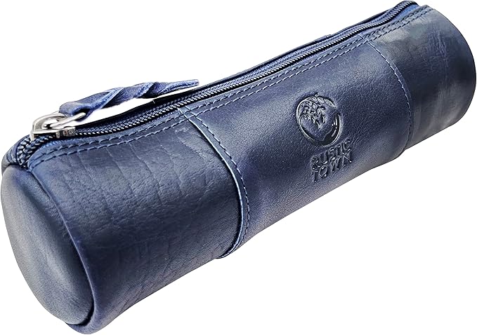 Rustic Town Leather Pencil Case - Full Grain Leather Zippered Pen Pouch - Stationery Bag Pen Holder for Work & Office