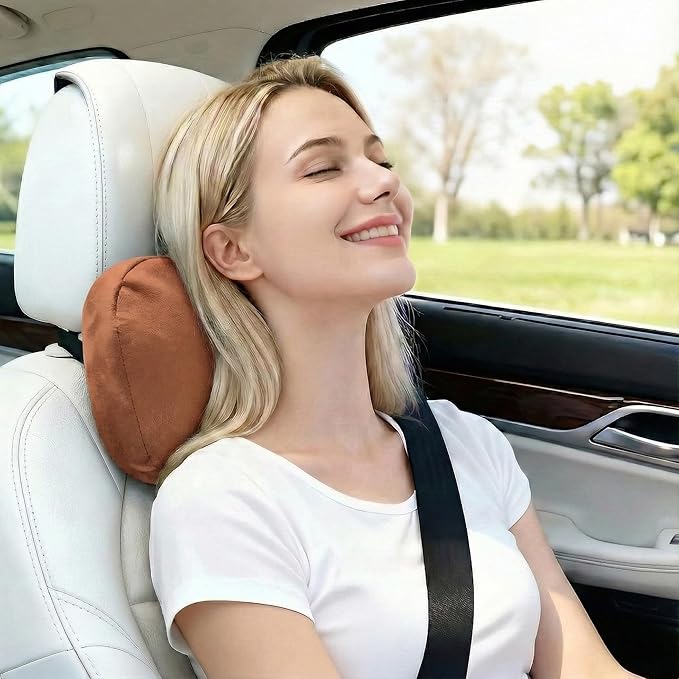 2PCS Car Pillow for Car Neck Pillow for Driving Seat Lumbar Support Soft Cushion with Extra Filling Accessories Back Support for Travel Nap and Trips Sleeping(Brown, Head)