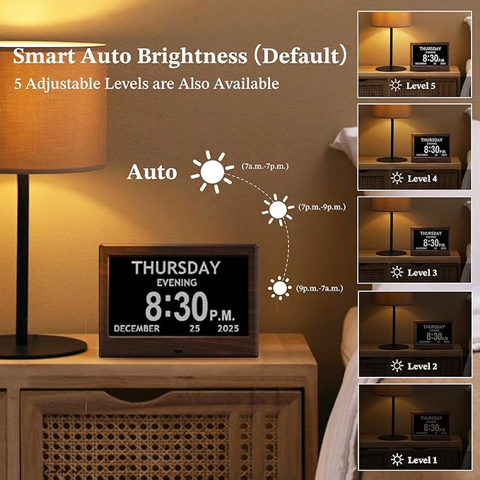 7'' Dementia Clock For Seniors, Large Display Digital Clock With Date, Time, Day Of Week for Elderly, Alzheimer, 1024*600P HD, 10 Reminders & 6 Alarms, Auto Dimming & DST, Remote Control, Brown