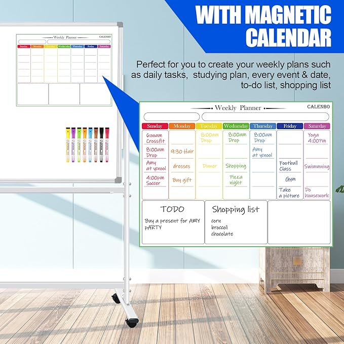 Large Rolling White Boards 60X36, Double-Sided Mobile Magnetic Whiteboard on Wheels, 5' x 3' Whiteboard with Stands, Dry Erase Board with Stand Up White Board for School, Office, Home