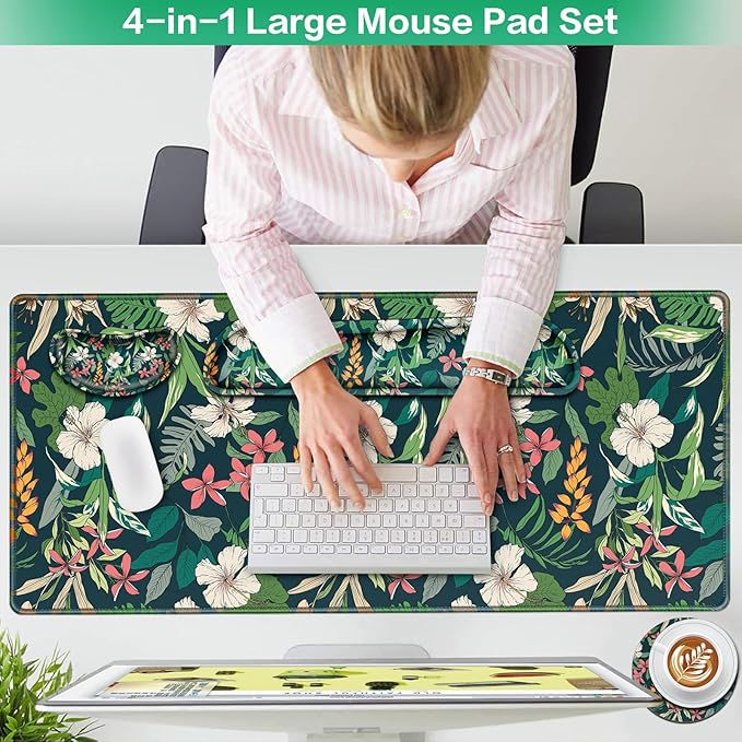 Desk Mat Floral, Large Gaming Mouse Pad with Wrist Rest, 4in1 XXL Mousepad+Keyboard Wrist Rest+Mouse Pad Wrist Support+Cup Coaster Set Ergonomic Computer Desk Arm Wrist for Decor Home Office Women