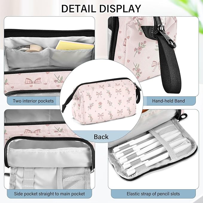 Pink Ribbon Bow Flower Pencil Case Pouch Big Capacity Pencil Bag Box Organizer Pen Case with Zipper Pencil Cases for Girls School College