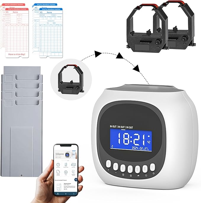 Time Clocks for Employees Small Business, Auto-Align Time Clock | 6 Punches per Day Time Machine, Clock in Machine for Employees with Time Cards, 2 Ink Ribbons(1 Inside) and 1 Rack