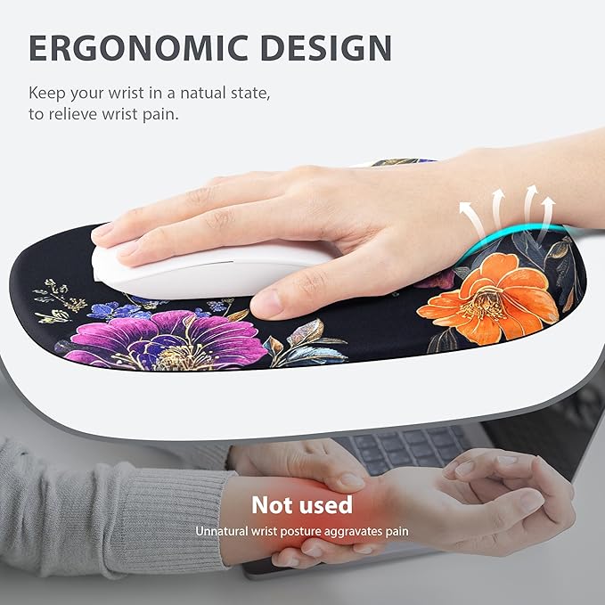 Ospelelf Wrist Rest for Keyboard and Mouse Ergonomic Mouse Pad with Wrist Support Memory Foam Wrist Rest for Computer Keyboard,3-in-1 Gel Mouse and Keyboard Pad for Office Black Flower