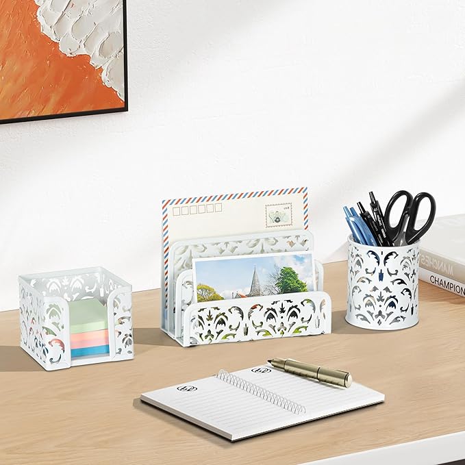 EasyPAG Desk Organizers and Accessories 3 Pieces Office Organizer Set - Pen Holder for Desk, Mail Sorter Countertop and Sticky Note Holder, White