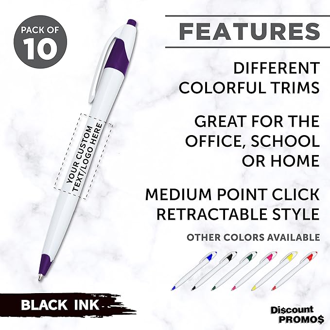 DISCOUNT PROMOS Custom Slim Curvy Ballpoint Pens Set of 10, Personalized Bulk Pack - Black Ink, Retractable, Great for Office, School, Tradeshows - Purple