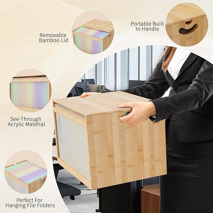 Natural Bamboo & Acrylic File Box with Removable Lid, Modern File Organizer Box for Letter/Legal Files, Hanging File Box with Easy Assembly & Dustproof Storage for Home Office