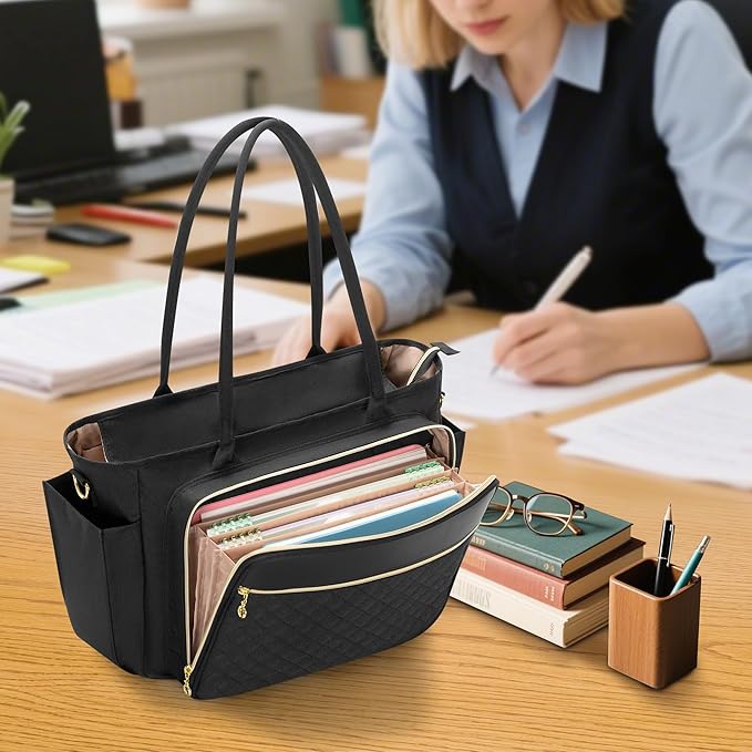 LUXJA Teacher Tote Bag with Accordion File Pocket, Teacher Bag for Women with 15.6 Inch Laptop Compartment, Black