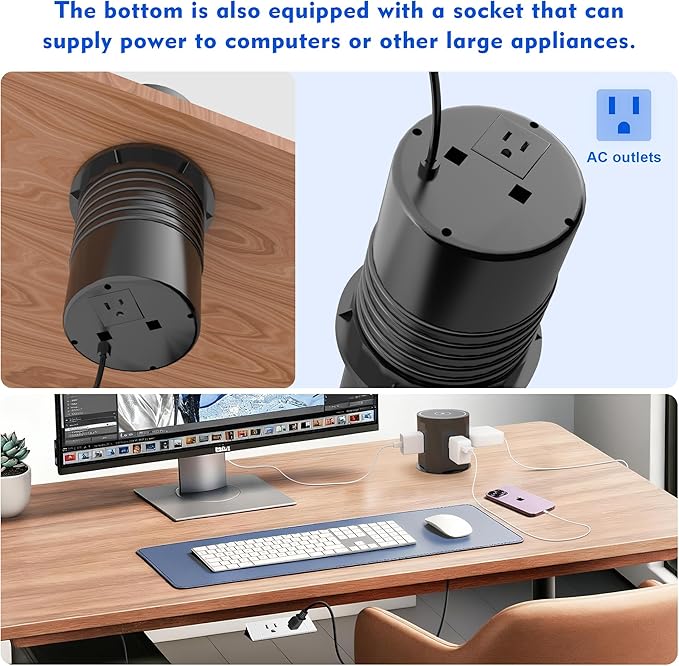 Pop Up Outlet for Countertop with 15w Wireless Charger, 4.7-Inch Pop Up Outlet with 4 Outlets and 2 USB-A, 1 USB-C, Pop Up Power Outlet for Kitchen Countertop, Conference Room, Study Room (Black)