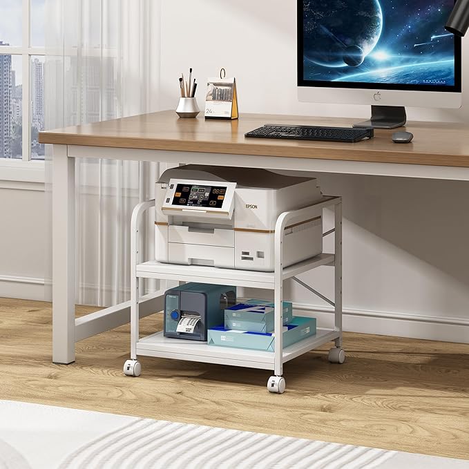 20 Inches Deep Large Printer Stand, 2 Tier Under Desk Printer Table with Height Adjustable Shelf, Rolling Printer Cart with Wheels for Home Office Storage - White