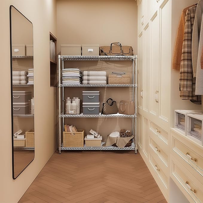 5-Shelf Storage Shelves,Wire Shelving Heavy Duty Metal Storage Shelving Unit Adjustable Garage Shelving Rack Pantry Kitchen (Chrome, 4 Tier,15.8" D x 45.3" W x 59.4" H)