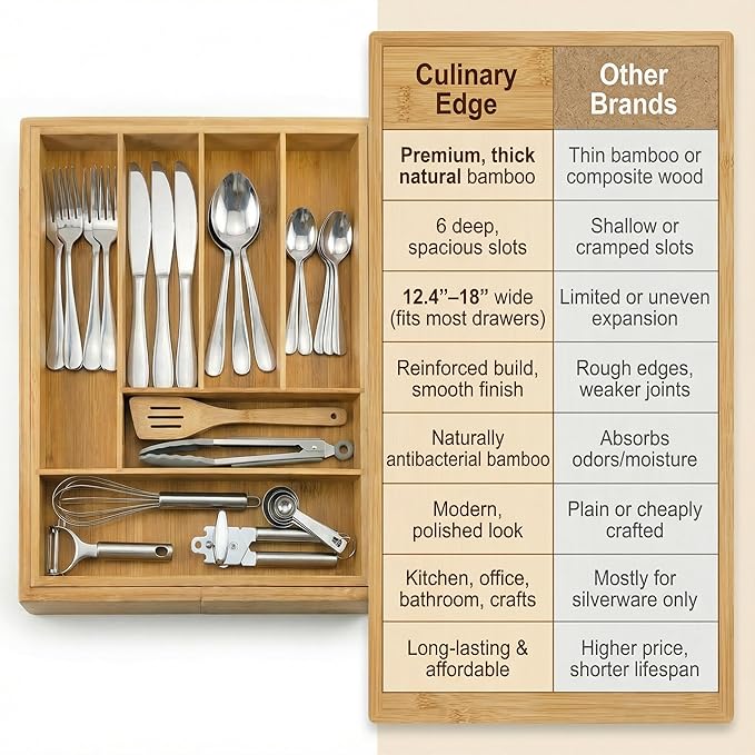 Culinary Edge Expandable Bamboo Drawer Organizer, Adjustable 6-Slot Cutlery Tray for Silverware & Kitchen Utensils, Natural Bamboo Drawer Divider for Flatware and Gadget Storage