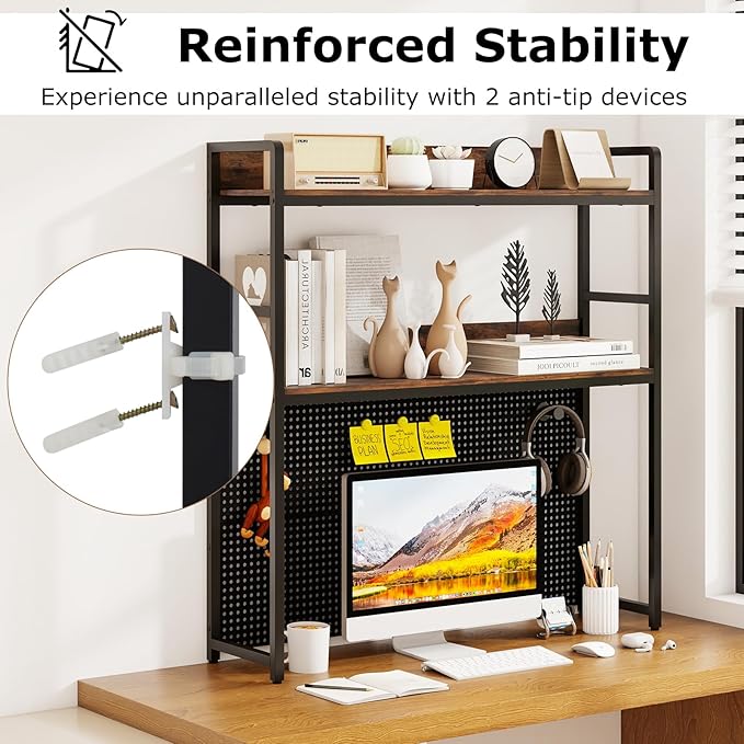GOFLAME Desktop Bookshelf with Pegboard, 37 Inch Industrial Desk Hutch for Computer Monitor, 2-Tier Countertop Organizer Shelf with Safety Guardrails for Home Office, Dorm, Study, Rustic Brown