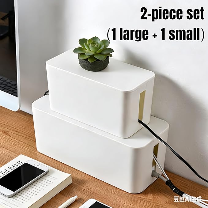 1Large+1Small Cable Organizer Set-2-Piece Home Office Desk Wire Management Storage Box,Cable Storage Box(Acryliclid/White)
