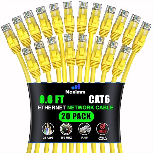 Maximm Cat 6 Ethernet Cable 0.6 ft (20-Pack) - High-Speed LAN Cable, Internet Cable, Patch Cable, and Network Cable - UTP, 10Gbps, 550MHz Ethernet Cord - Yellow