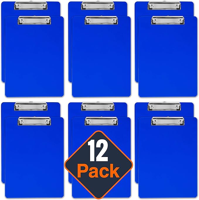 Blue Plastic Clipboard with Low Profile Clip (Pack of 12) - Letter Size Clip Board Blue with Flat Clip, A4 Size Acrylic Clipboard for Boys and Girls | Cute Aesthetic College & Back to School Supplies