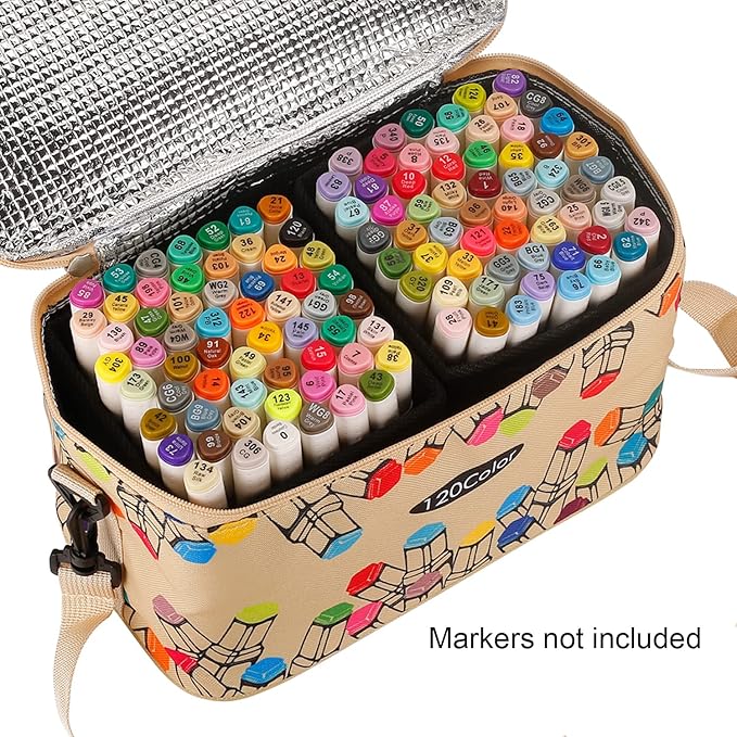 Toprema New Marker Pen Case Holder for 120 Markers Organizer Multifunctional Zipper Storage Carrying Bag with Pattern Khaki
