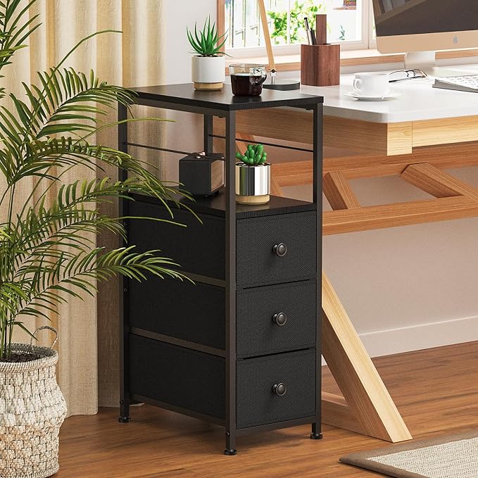 YBING Narrow Dresser, Side Table with 3 Fabric Drawers, Slim Dresser with Open Shelves, Slim Bedside Table for Bedroom, Small Spaces, Black