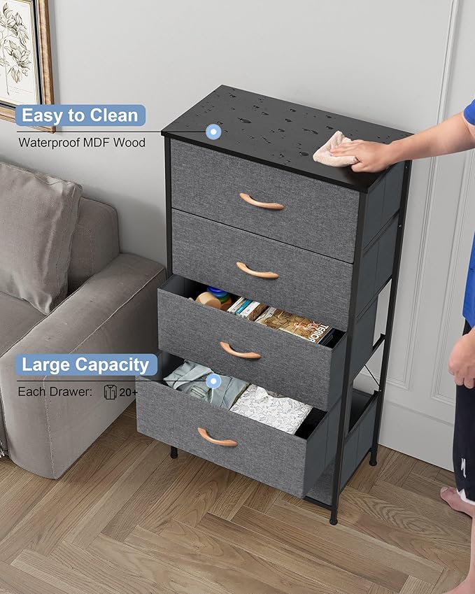 Crestlive Products Vertical Dresser Storage Tower - Sturdy Steel Frame, Wood Top, Easy Pull Fabric Bins - Wide Organizer Unit for Bedroom, Hallway, Entryway, Closets - 5 Drawers(Gray)