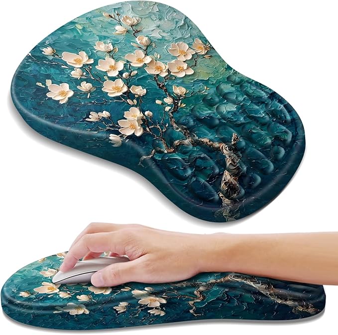 YIWEI Ergonomic Mouse Pad with Wrist Rest - Comfortable Office Mousepad with Memory Foam Wrist Support for Carpal Tunnel Relief, Mouse Pads with Non-Slip Base for Gaming and Home (Plum Plossom)