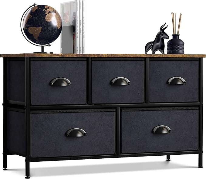 Sorbus Dresser with 5 Drawers - Storage Chest Organizer Unit with Steel Frame, Wood Top, Easy Pull Fabric Bins - Long Wide TV Stand for Bedroom Furniture, Hallway, Closet & Office Organization