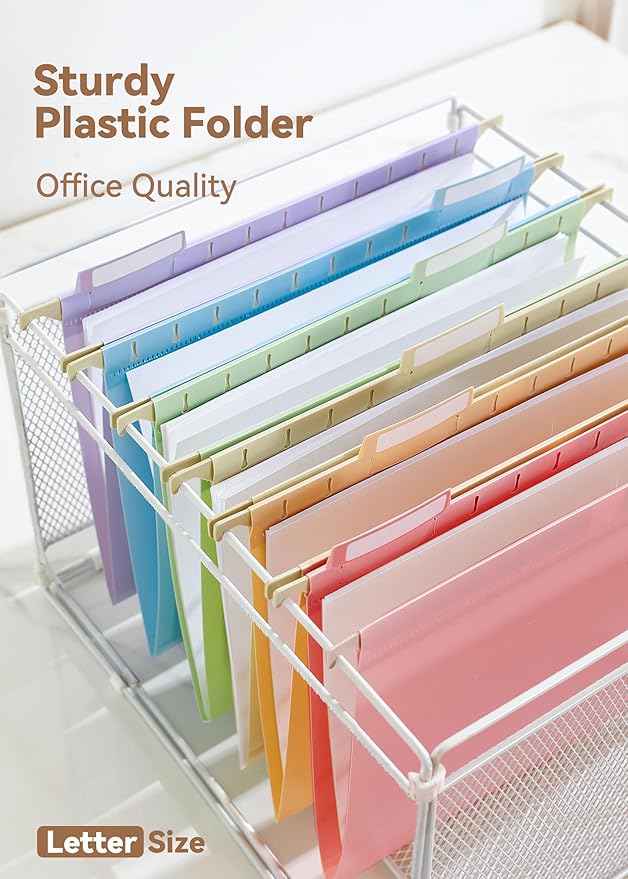 Plastic Hanging File Folders Letter Size, 12 Pack Pastel Hanging Folders, with Insertable 1/5-Cut Tabs for Filing Cabinets