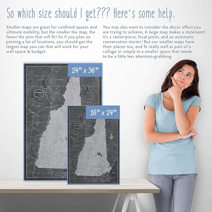Conquest Maps Push Pin New Hampshire Map Board - With Push Pins to Mark Alabama Travels - Handmade in Ohio, USA - Design: Modern Slate