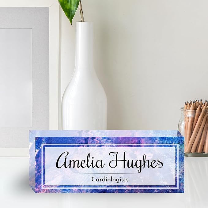 Customized Clear Acrylic Thick 8x3" Acrylic Black - Desk Name Plate Block with Personalized Logo - Professional Office Decor - Customized Acrylic Plate Gift for Teacher Co-workers (Indigo Dream)