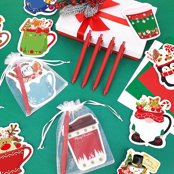 24 Sets Christmas Sticky Notes with Pens, Christmas Coffee Cup Notepads Winter Memo Pad Bulk Christmas Gifts for Coworkers Holiday Decoration Party Favors Office Home Supplies