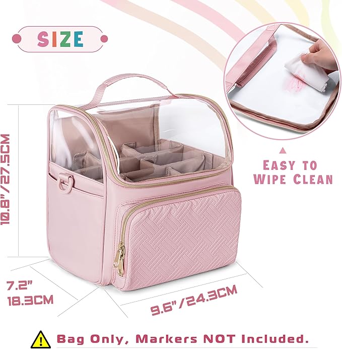 Large Marker Organizer Case for 180 Markers, Marker Storage Bag with Dividers and 4 Pockets for Paint Markers, Paint Brushes, Colored Pencils or Other Art Supplies, Pink (Patented Design)