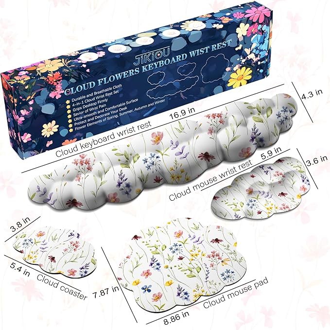 JIKIOU JIKIOU Cloud Wrist Rest Keyboard, Cloud Keyboard Wrist Pad Set with Comfortable Cloth, Cute Arm Rest for Palm Support, PC/Gaming Desk Accessories/Office Setup/Computer White Flowers