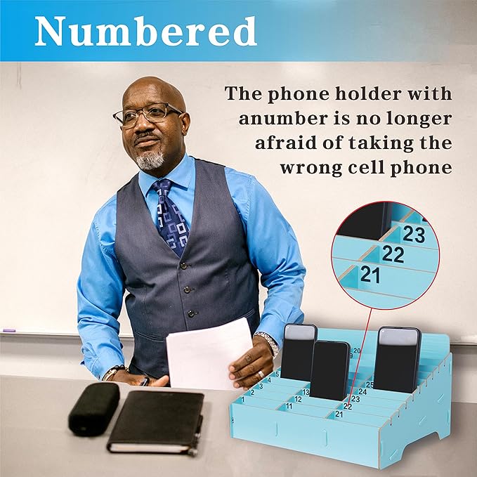 OFCAD 30-Grid Cell Phone Holder with Number Stickers Desktop Organizer Storage Box for Classroom Office(Blue)
