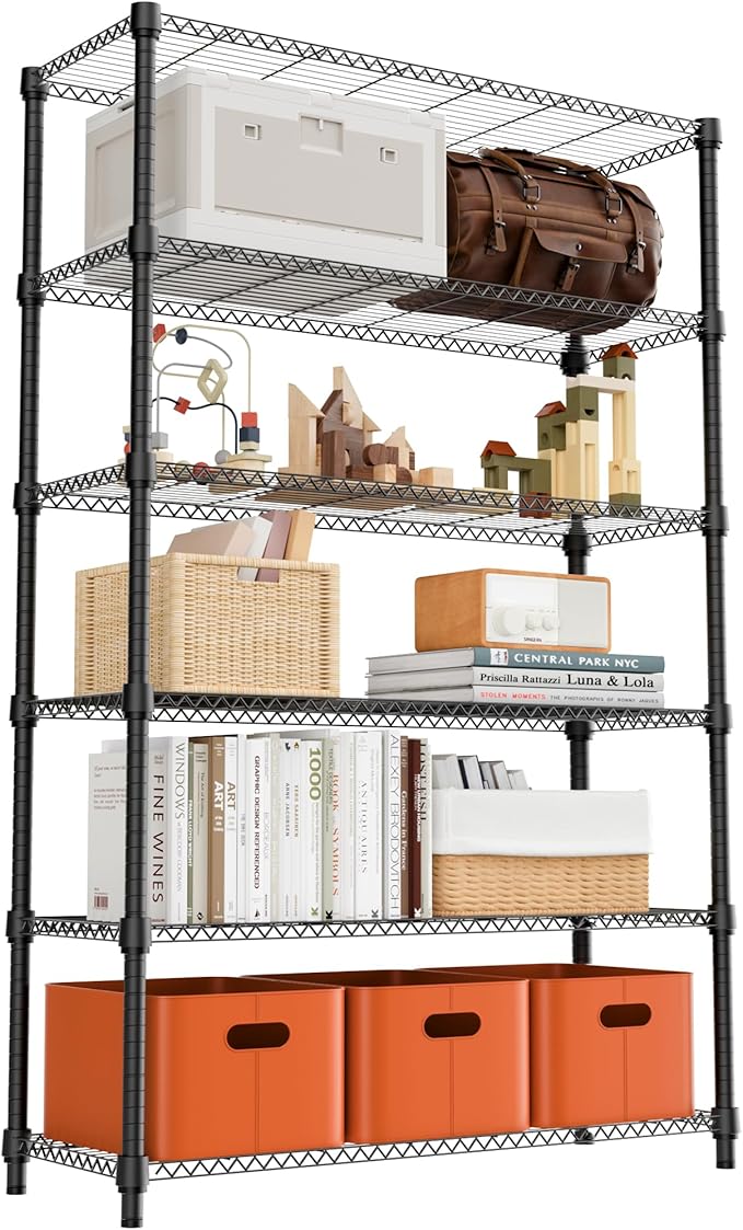 6 Tiers Shelf 2100 lbs Steel Storage Shelving Utility Shelving Unit Steel Organizer Wire Rack for Home,Kitchen,Office,Garage Black 17.7" D x 47.2" W x 82.4" H