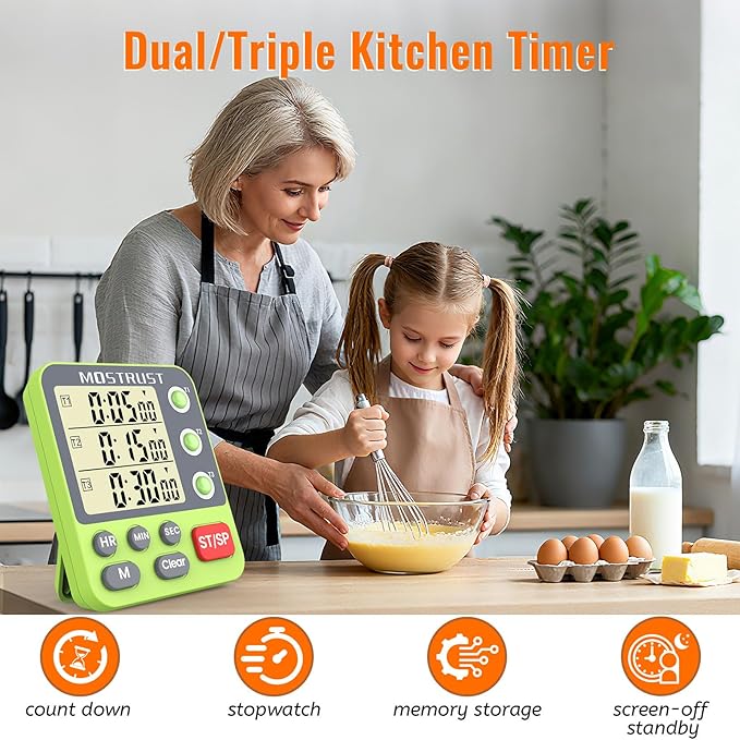 Digital Dual Kitchen Timer, 3 Channels Countdown Triple Timer for Cooking, Magnetic Memory-Preset Large-Display Adjustable Alarm Volume, Multi Times Management, 3A Battery Included, Green