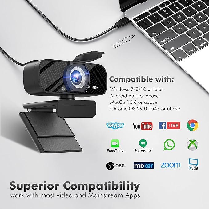 Gozvrpus USB HD Webcam with Built-in Microphone and Rotatable Tripod, 1080P Video, Wide Angle Camera, Privacy Cover, for Desktop PC or Laptop Computer - 4（Black）