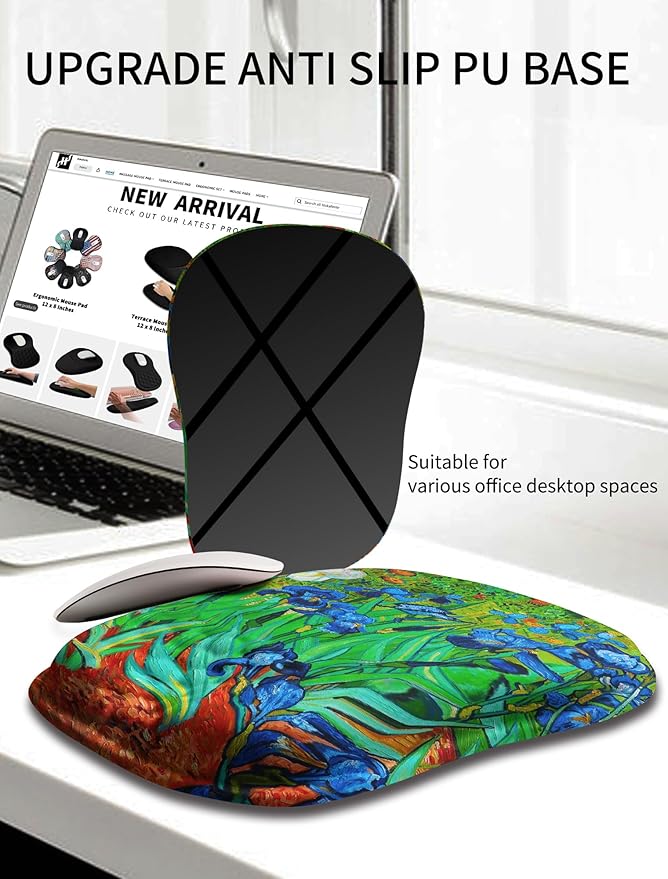 Hokafenle Ergonomic Wrist-Hugging Mouse Pad Wrist Support, U-Shaped Holding Wrist Rest Mousepad for Carpal Tunnel Pain Relief with Cushioned Memory Foam Slope Massage Bulge (10.2x8.3 in,Iris Flower)