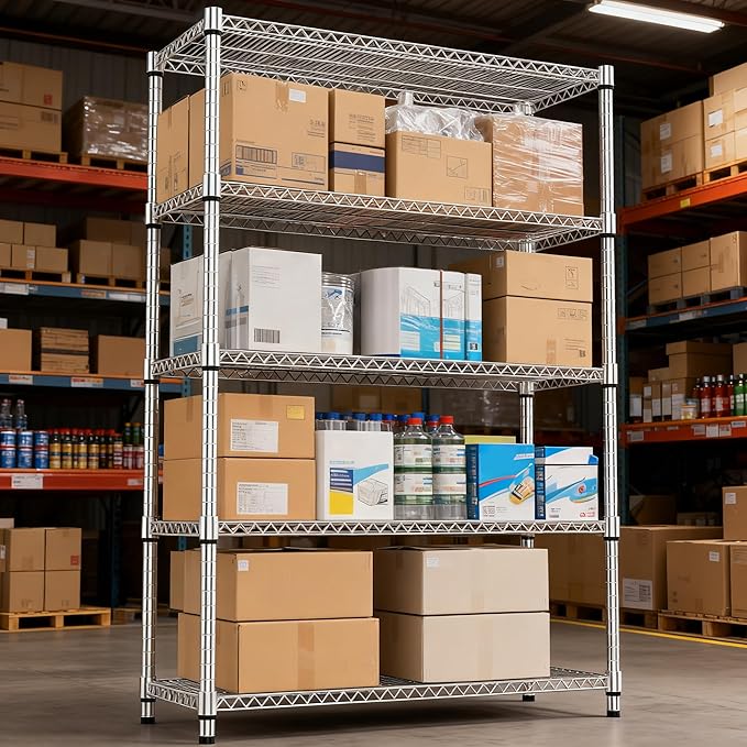 5 Tiers Shelf Metal Storage Shelves 3300 lbs Steel Storage Shelving Utility Shelving Unit Steel Organizer Wire Rack for Home,Kitchen,Office,Garage Chrome 17.7" D x 47.2" W x 70.3" H